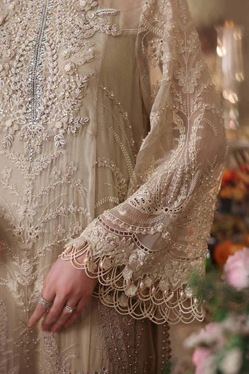 MARIA B Embroidered Chiffon clothing in ivory, coffee tones.